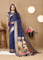 Lorenvalley Fashion Navyblue Soft Paithani Silk Woven Design Rich Zari Meenakari Weaving Saree