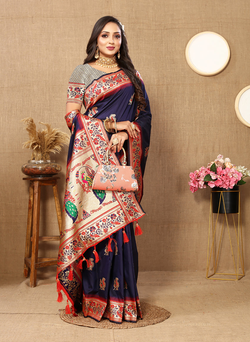 Lorenvalley Fashion Navyblue Soft Paithani Silk Woven Design Rich Meenakari Zari Weaving Pallu Saree