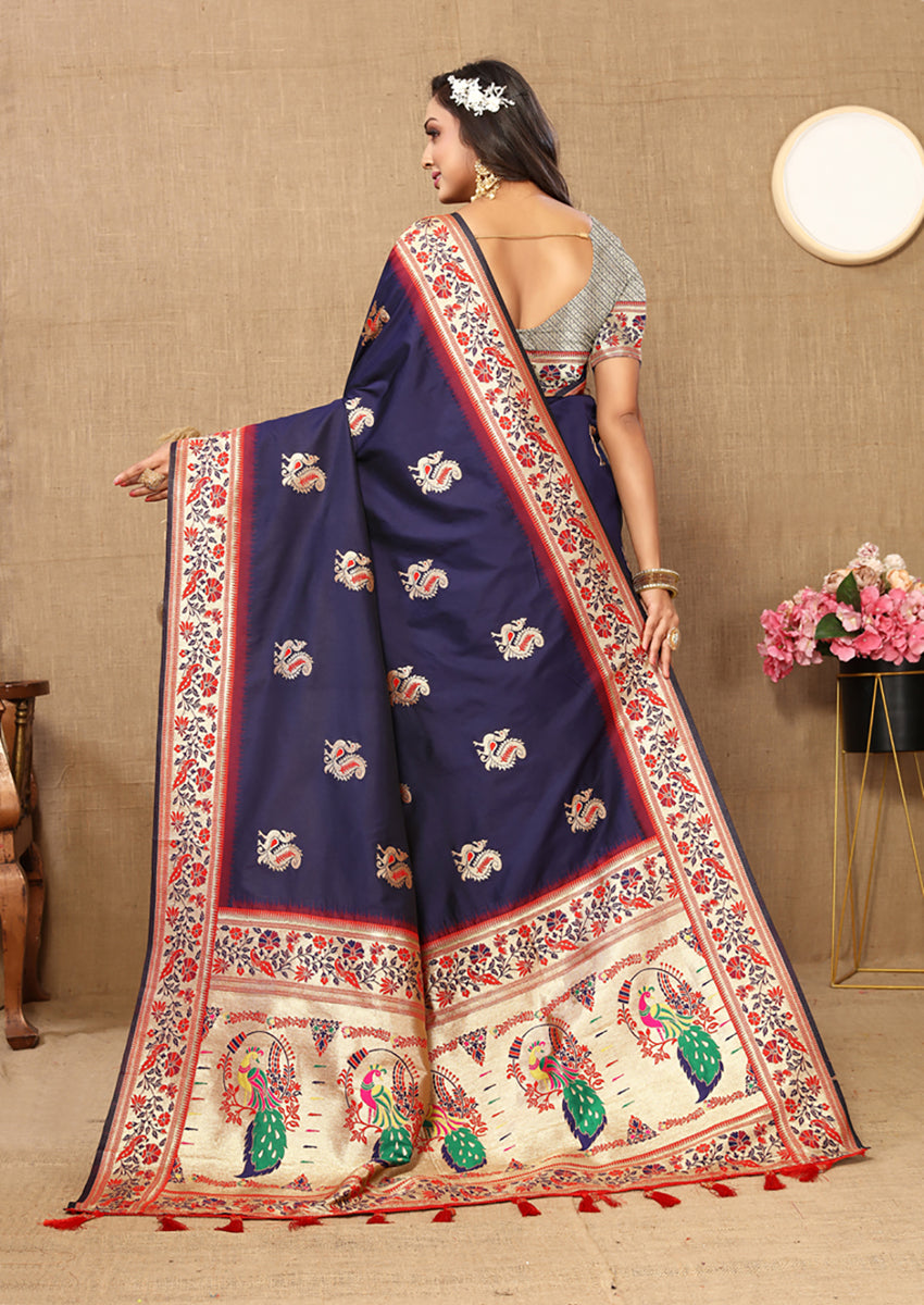 Lorenvalley Fashion Navyblue Soft Paithani Silk Woven Design Rich Meenakari Zari Weaving Pallu Saree