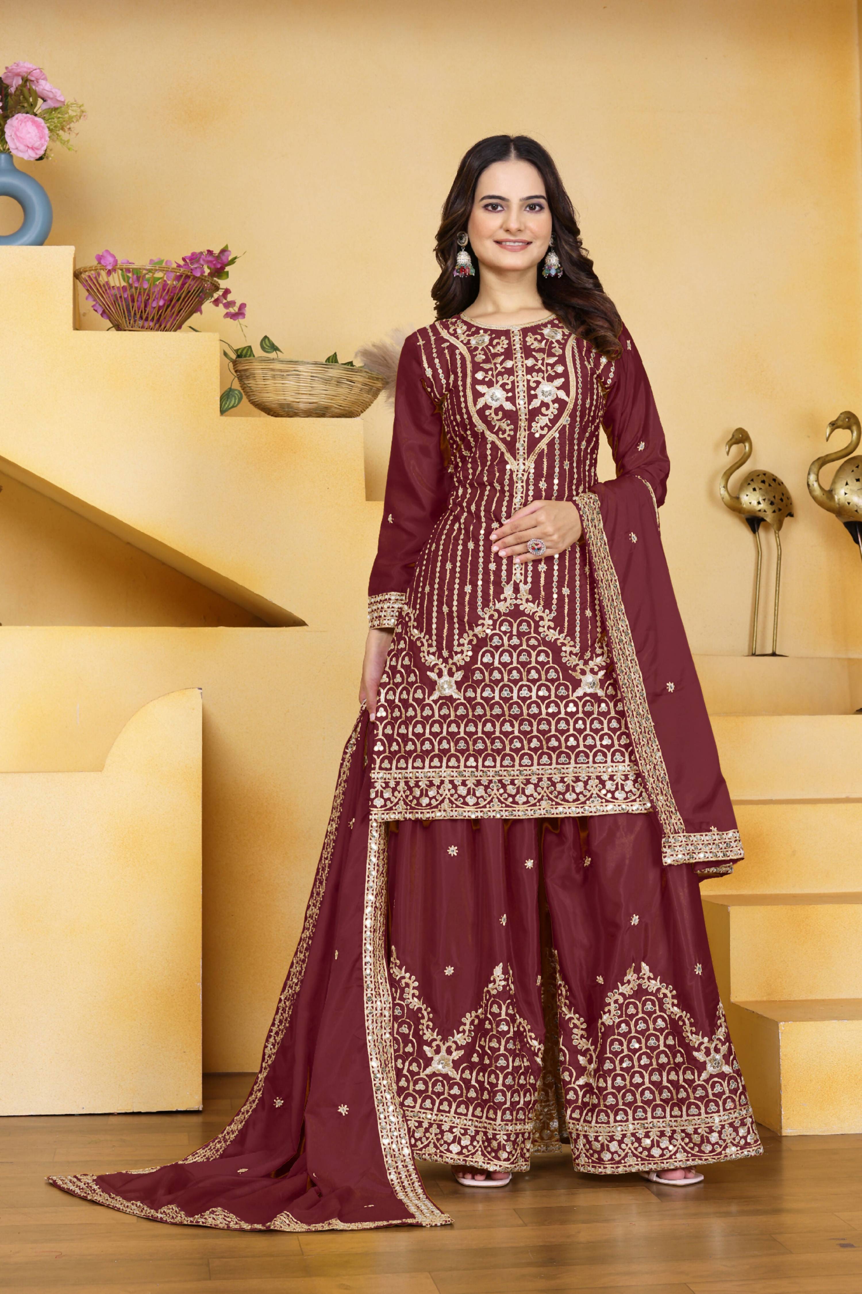 Lehenga Mart Designer Sharara Suit With Kurta, Sharara, Dupatta For Women-Maroon - Distacart
