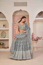 Eilara Mesmerizing Grey Butterfly Net White Cotton Thread Zari Sandwich Sequence Work Lehenga Choli For Wedding