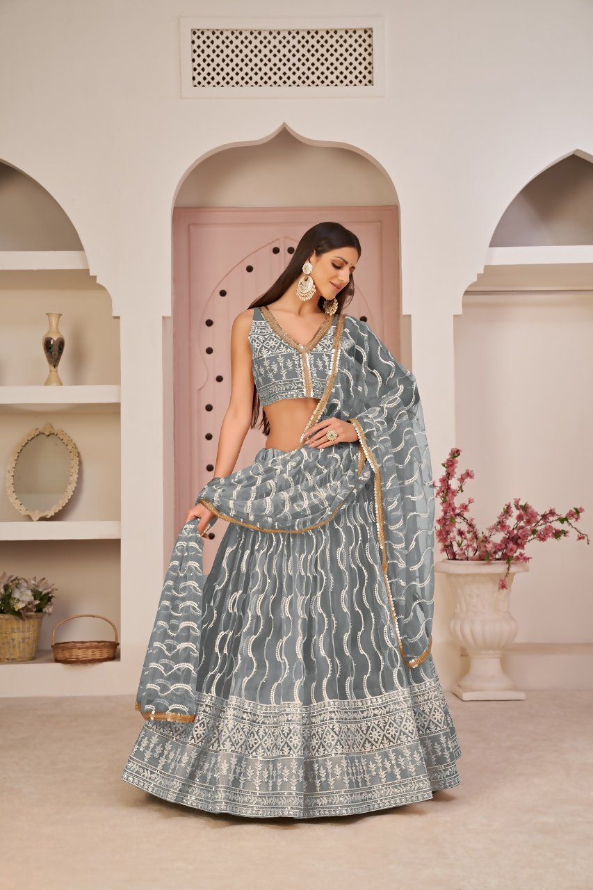 Eilara Mesmerizing Grey Butterfly Net White Cotton Thread Zari Sandwich Sequence Work Lehenga Choli For Wedding