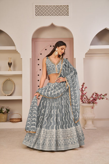 Eilara Mesmerizing Grey Butterfly Net White Cotton Thread Zari Sandwich Sequence Work Lehenga Choli For Wedding