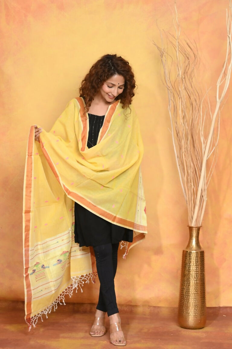 Very Much Indian Handloom Pure Cotton Paithani Dupatta - Yellow