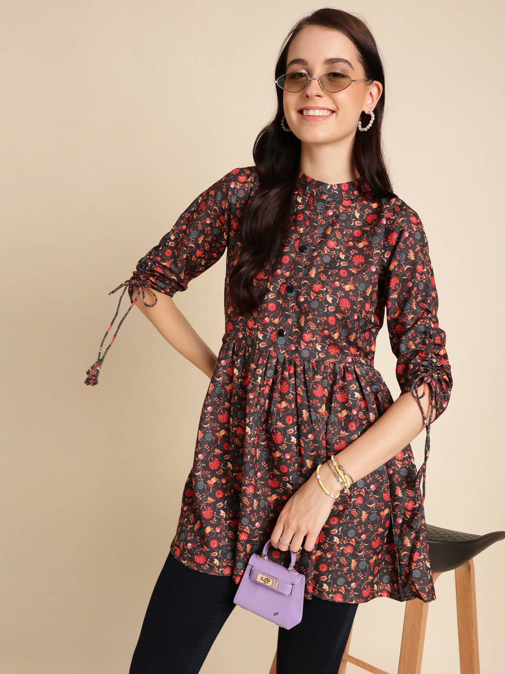 Black Poly Rayon Digital Printed A-line Top - Tarini