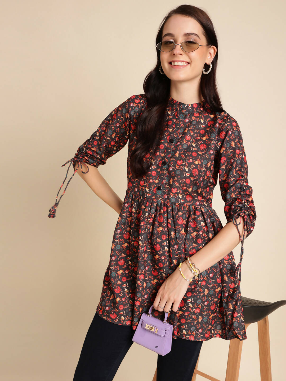 Black Poly Rayon Digital Printed A-line Top - Tarini
