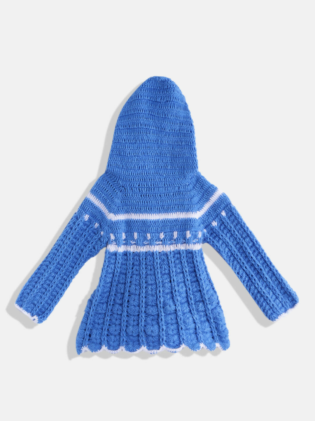 Chutput Kids Woollen Hand Knitted Full Sleeves Self Design Hood Detail Dress For Baby Girls - Blue