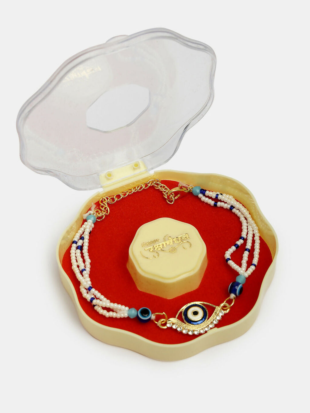 NVR Women & Men Set of 2 Blue Evil Eye Bhaiya Bhabhi Rakhi Set With Roli Chawal & Chocolate - Distacart