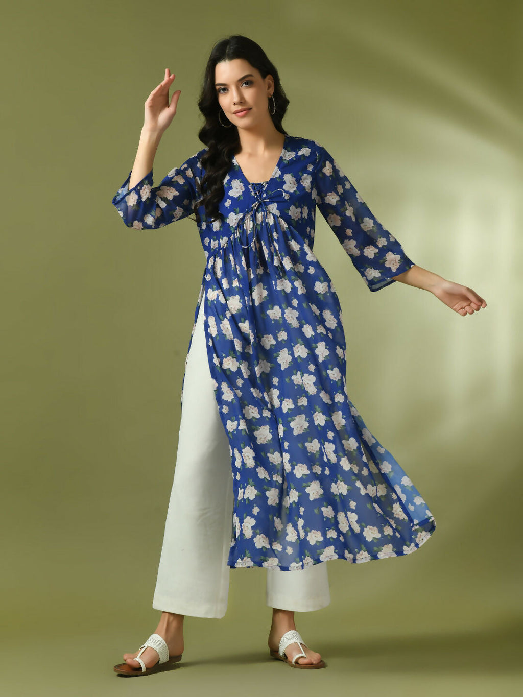 Myshka Women's Blue Printed Georgette A-Line Nyra-cut Kurta