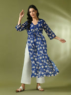 Myshka Women's Blue Printed Georgette A-Line Nyra-cut Kurta
