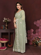 PR Fashion Pista Georgette Embroidery Work With Embroidery Work Blouse Saree