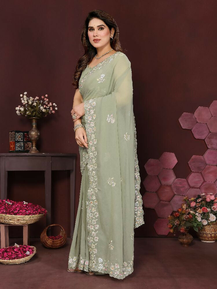 PR Fashion Pista Georgette Embroidery Work With Embroidery Work Blouse Saree