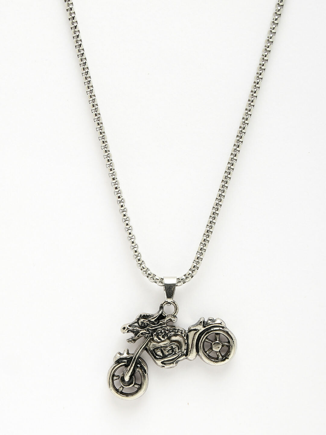 NVR Men's Rhodium-Plated Stainless Steel Bike Shaped Pendant With Chain
