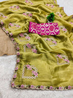 Teeya Creation Olive Color Pure Paper Silk Heavy Embroidery Work Wedding Wear Saree - Distacart