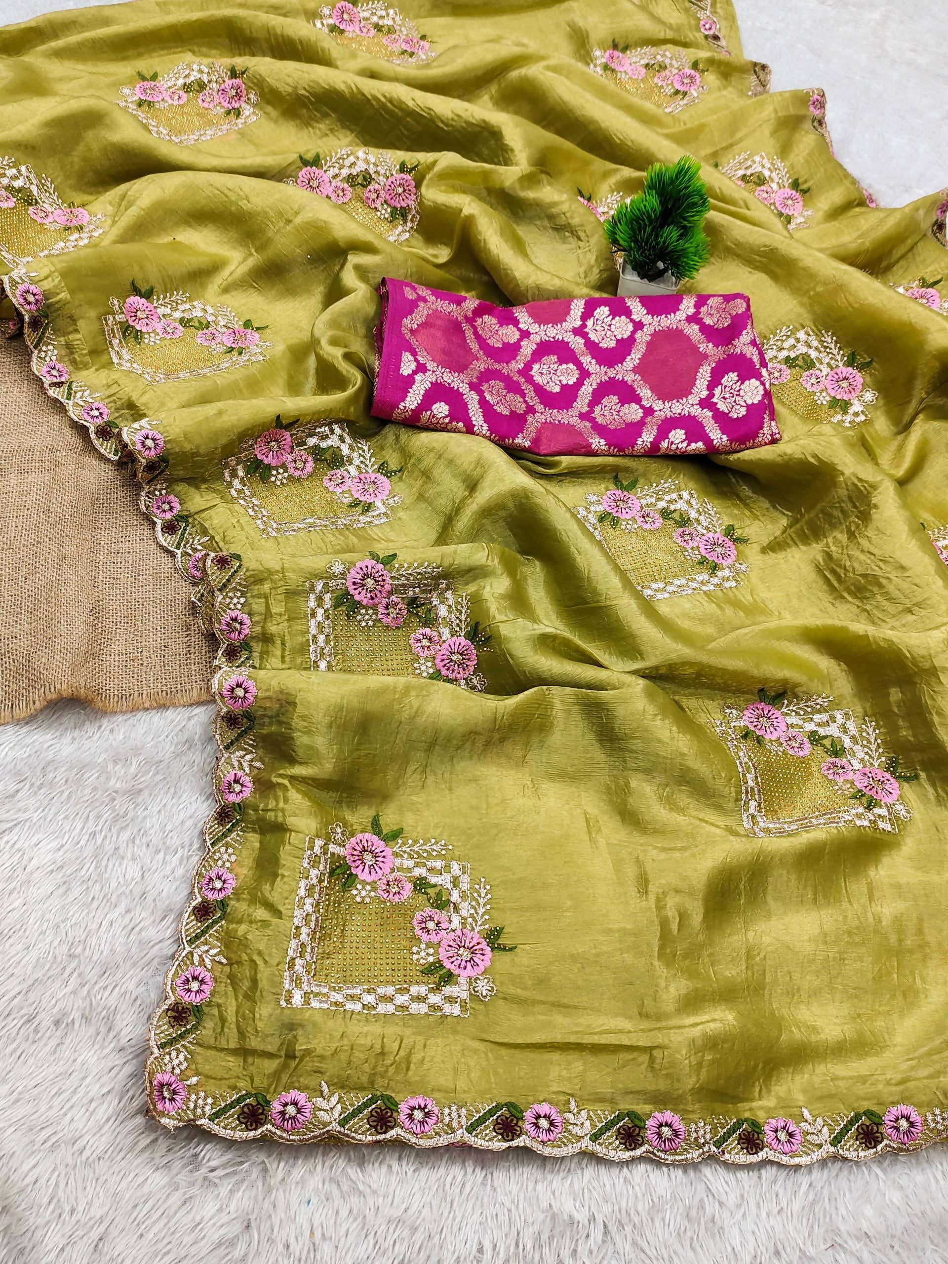 Teeya Creation Olive Color Pure Paper Silk Heavy Embroidery Work Wedding Wear Saree - Distacart
