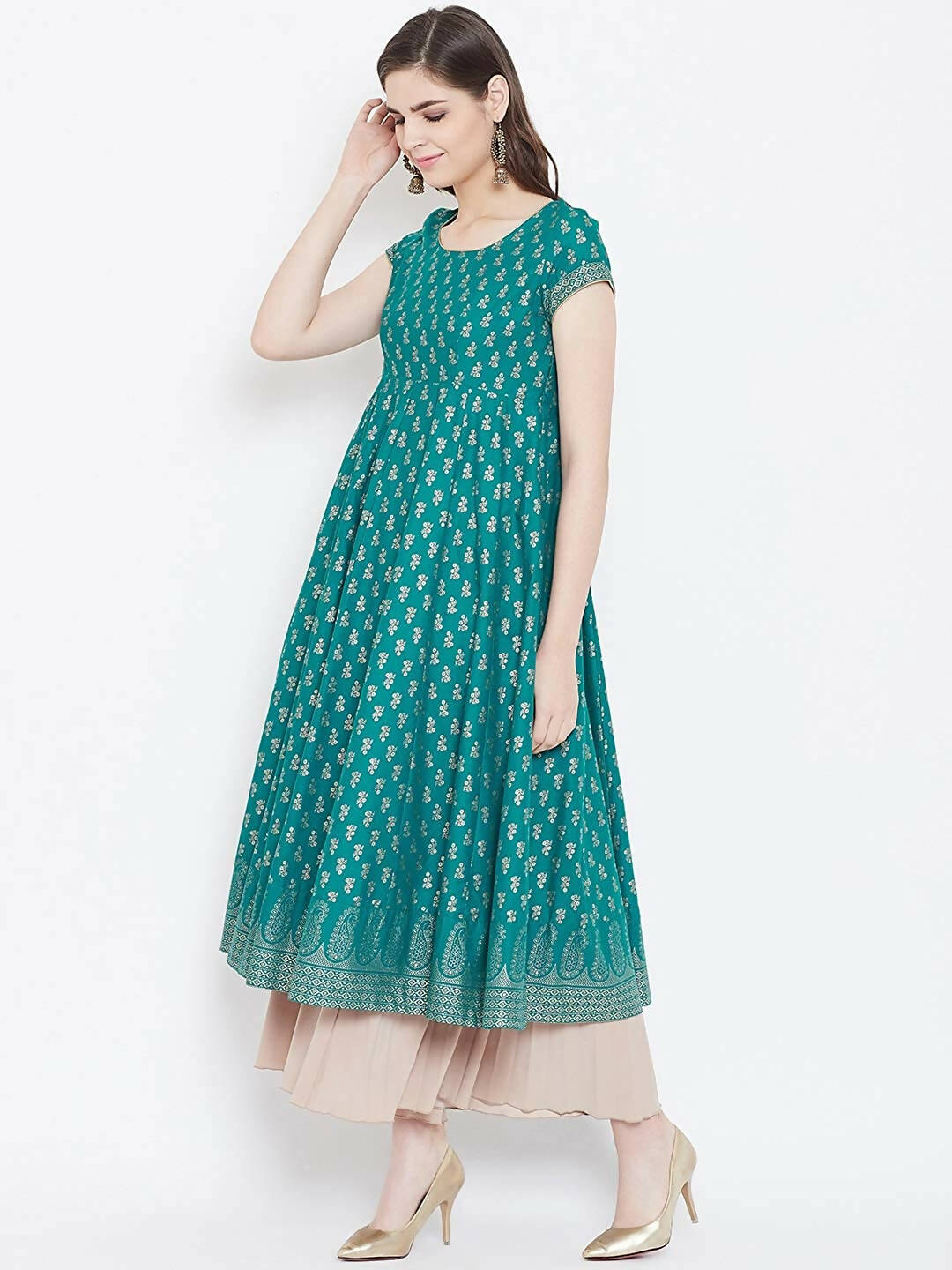 Cheera Embellished Daily Wear Cotton Blend Kurta - Turquoise Green