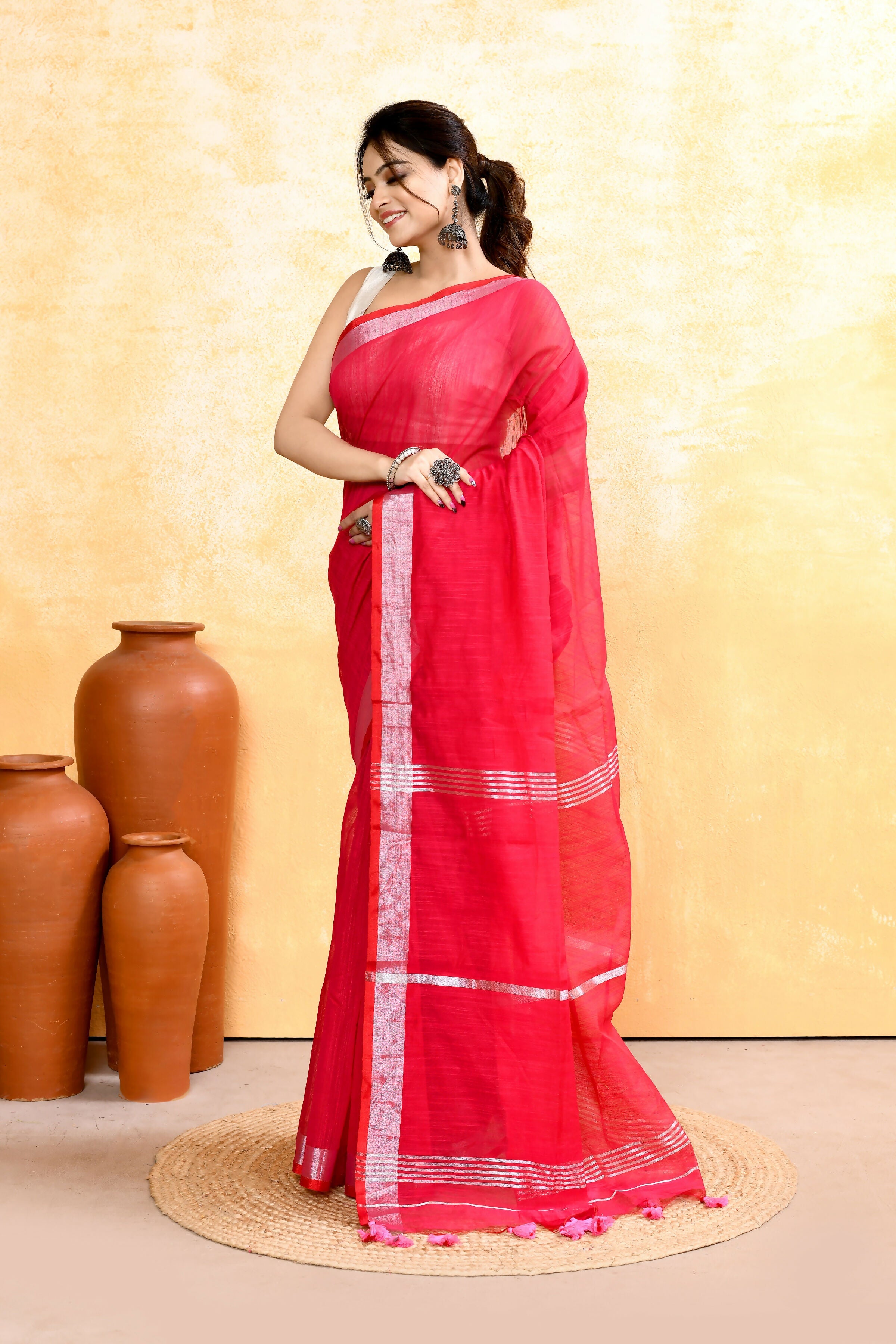 Piyari Fashion Women's Rani Pink Embellished Cotton Blend Zari Border Handloom Saree - Distacart