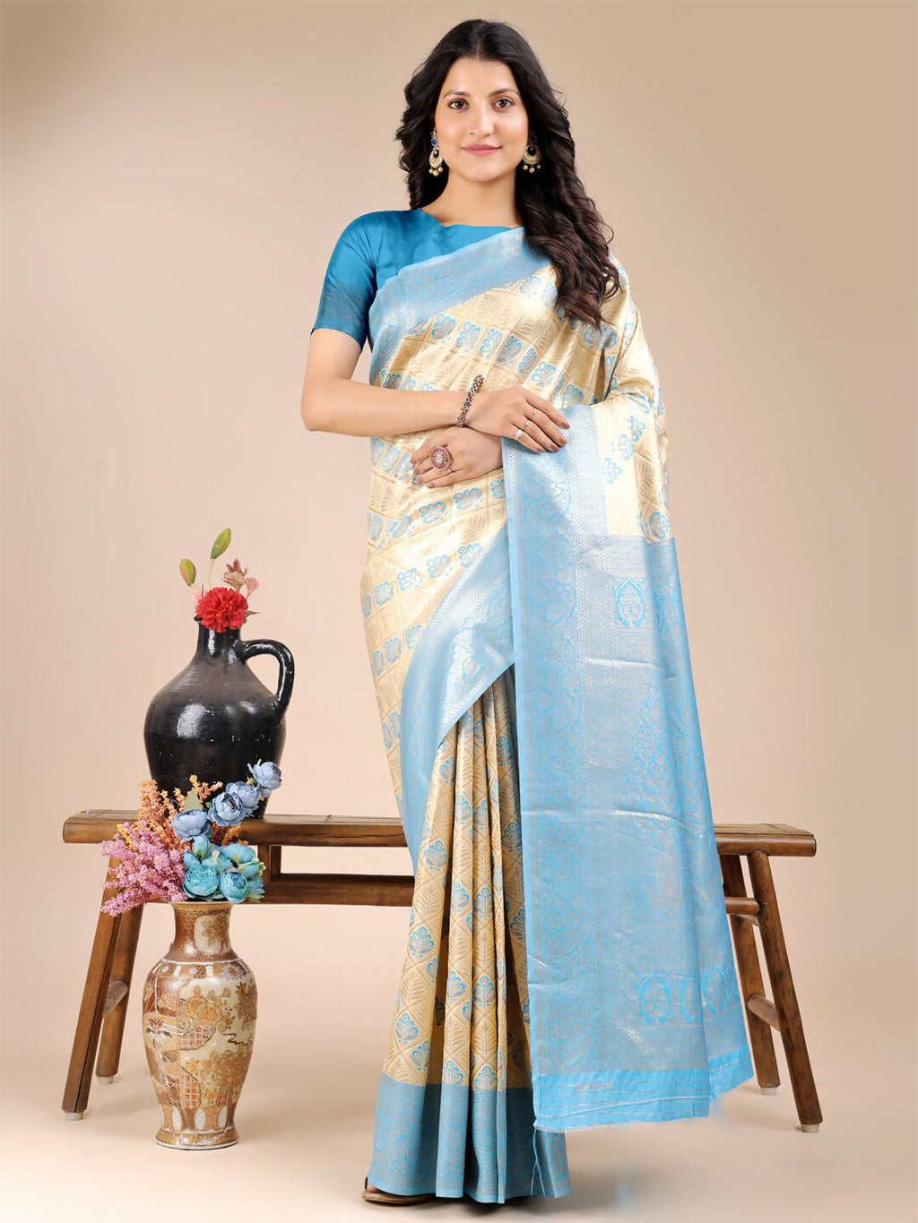 Shree Shyam Fashion Aura Silk Cream Sky Blue Banarasi Silk Saree