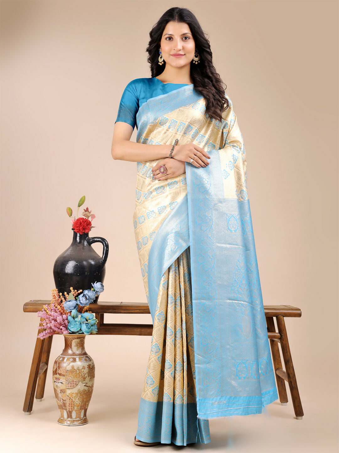 Shree Shyam Fashion Aura Silk Cream Sky Blue Banarasi Silk Saree