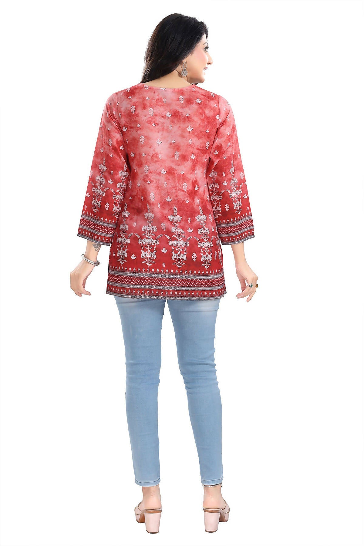 Snehal Creations Rustic Rust Faux Crepe Printed Short Kurti Tunic Top - Distacart