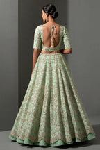 Jyoti Fashion Women's Sea Green Mulberry Silk Sequins, Dori & Thread Embroidered with Net Ruffle Work Designer Lehenga Choli Set