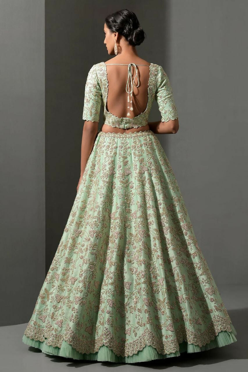 Jyoti Fashion Women's Sea Green Mulberry Silk Sequins, Dori & Thread Embroidered with Net Ruffle Work Designer Lehenga Choli Set
