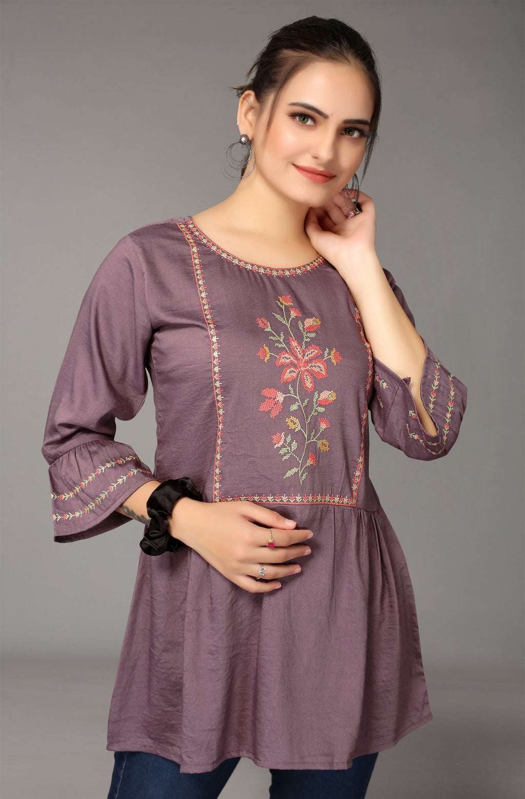 Women's Purple Viscose blend Embroidered Short Top - Marina