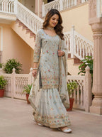 Teeya Creation Grey Faux Georgette Multi Thread Work Wedding Wear Sharara Set