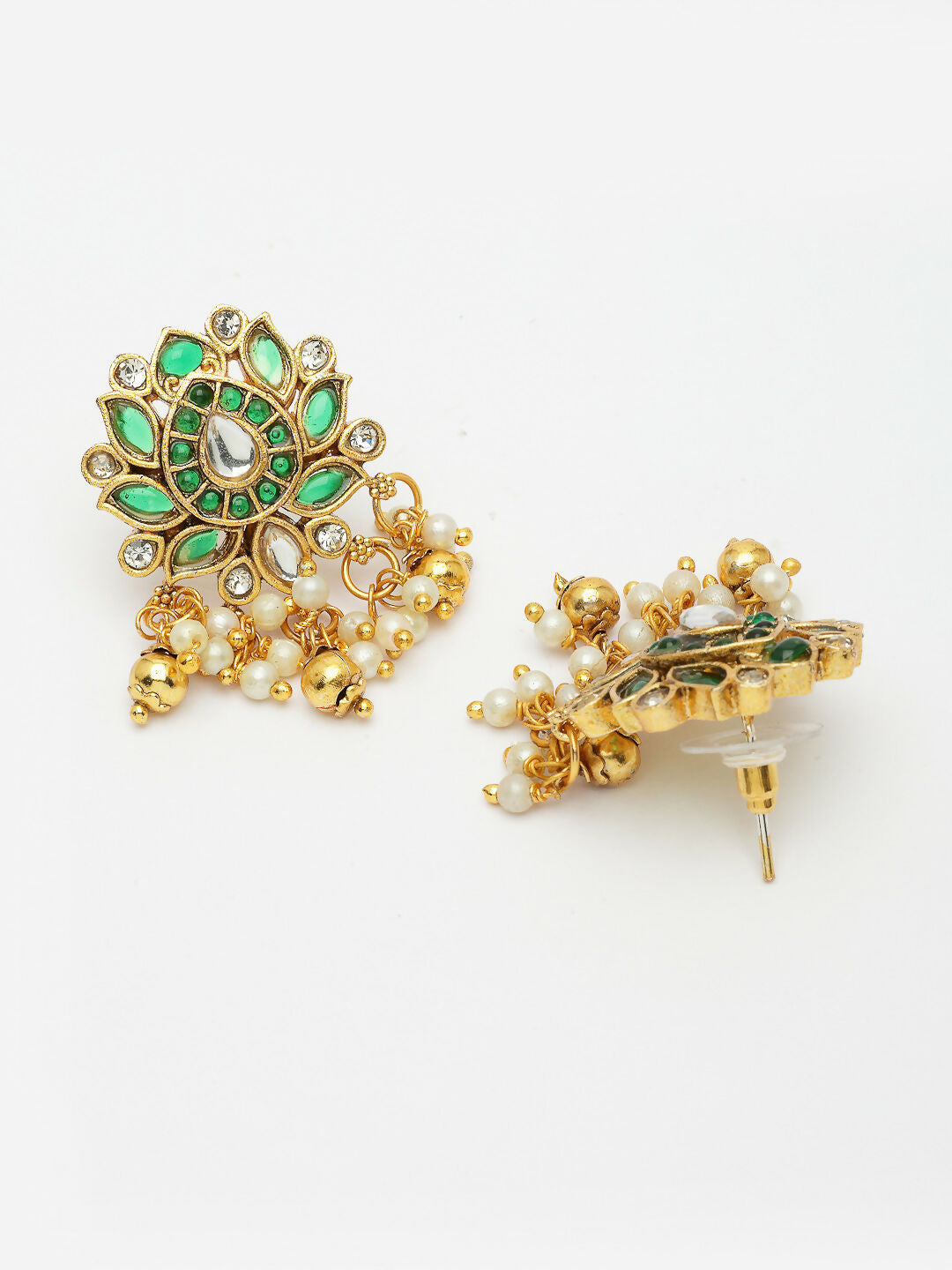 NVR Women's Gold-Polished Green Kundan- Studded & Beaded Handcrafted Temple Jewellery Set