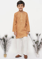 Little Bansi Boys Cotton Silk Floral Kurta with Pearl Buttons & Pyjama - Orange & Cream