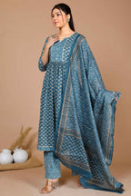 Miravan Women's Blue Ethnic Motifs Printed Gotta Patti Cotton Kurta With Palazzo & Dupatta