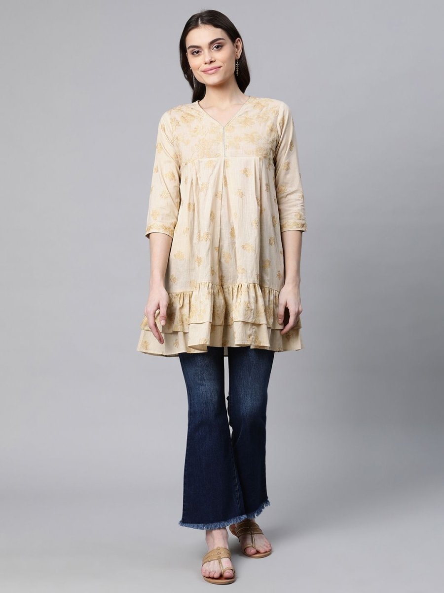 Ahalyaa Beige Cotton Gold Printed Tunic - Distacart