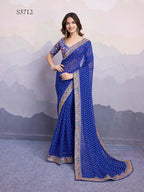 Blue Georgette Bandhani Printed,Embroidery Work Saree - Surkhi
