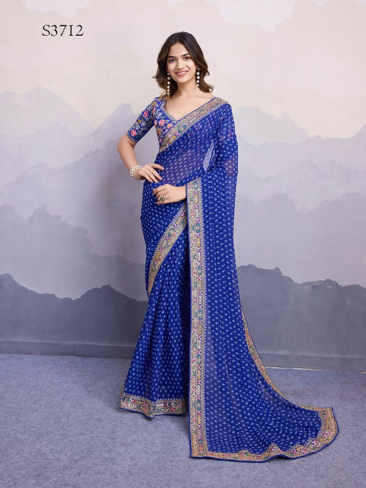 Blue Georgette Bandhani Printed,Embroidery Work Saree - Surkhi