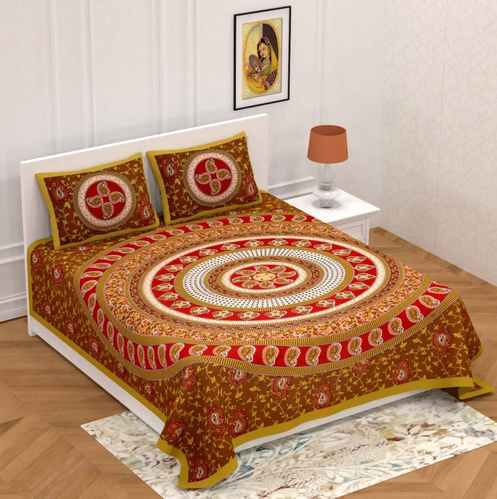 Vamika Printed Circleambi Brown Cotton Bedsheet With Pillow Covers (PM Circleambi Brown)