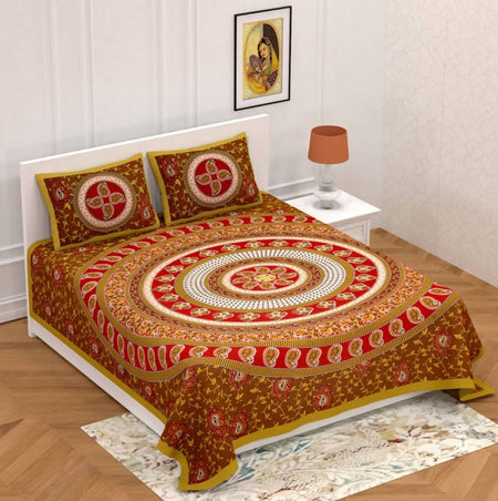Vamika Printed Circleambi Brown Cotton Bedsheet With Pillow Covers (PM Circleambi Brown)