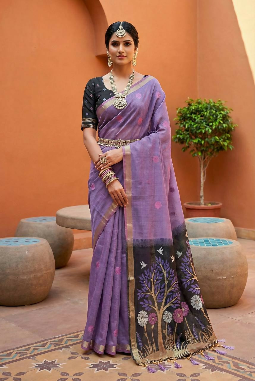 Vastranavya Lavender Muga Cotton Meenakari & Azarakh Pallu Saree with Contrast Blouse - Distacart