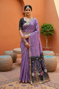 Vastranavya Lavender Muga Cotton Meenakari & Azarakh Pallu Saree with Contrast Blouse - Distacart