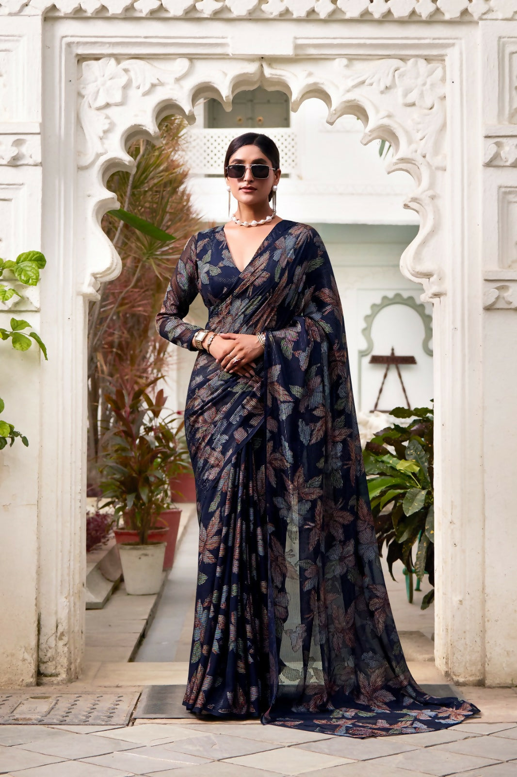 Vastranavya Navy Blue Lurex Brasso Floral Printed Saree with Unstitched Blouse - Distacart