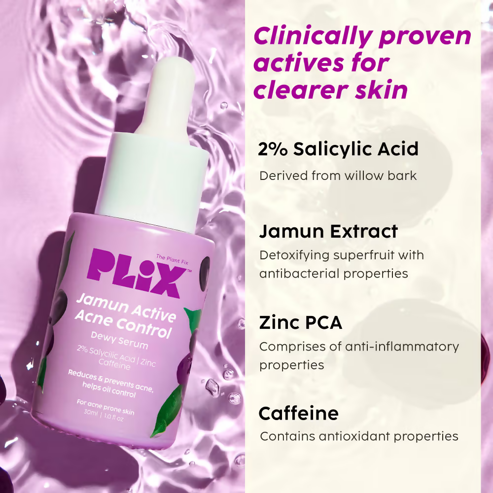 PLIX The Plant Fix Jamun Active Acne Regime - Cleanser, Acne Mark Serum, Moisturizer & Body Wash For Women & Men