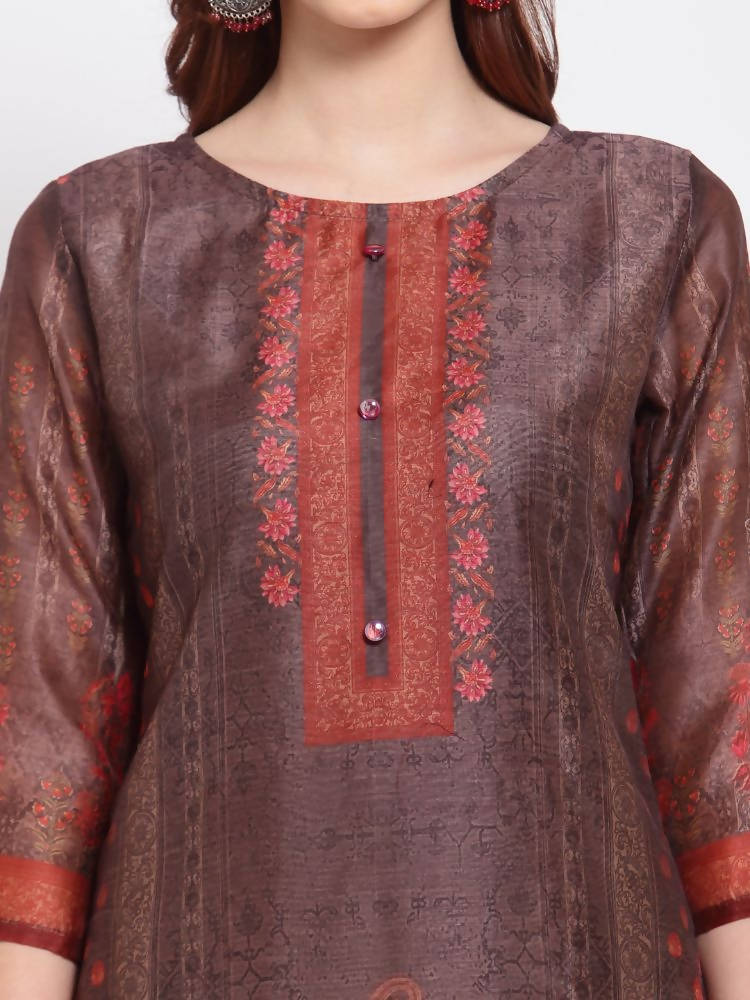 Myshka Women's Multi Printed Chanderi Silk 3/4 Sleeve Round Neck Casual Kurta