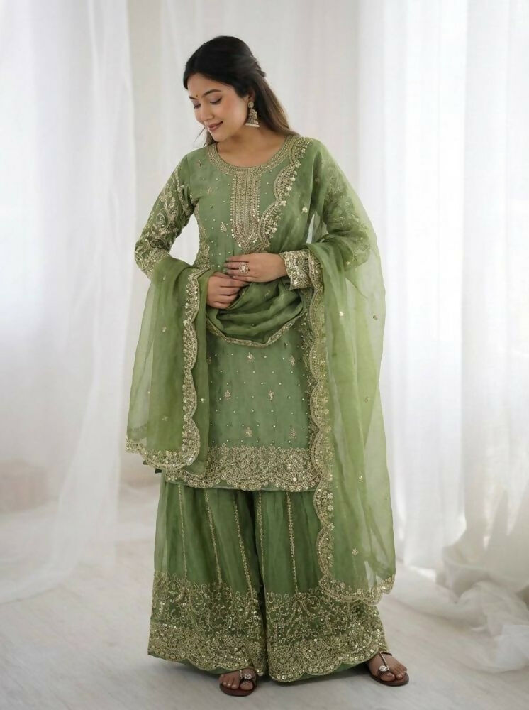 Teeya Creation Parrot Green Color Fendy Silk Embroidery Work Wedding Wear Salwar Suit - Distacart