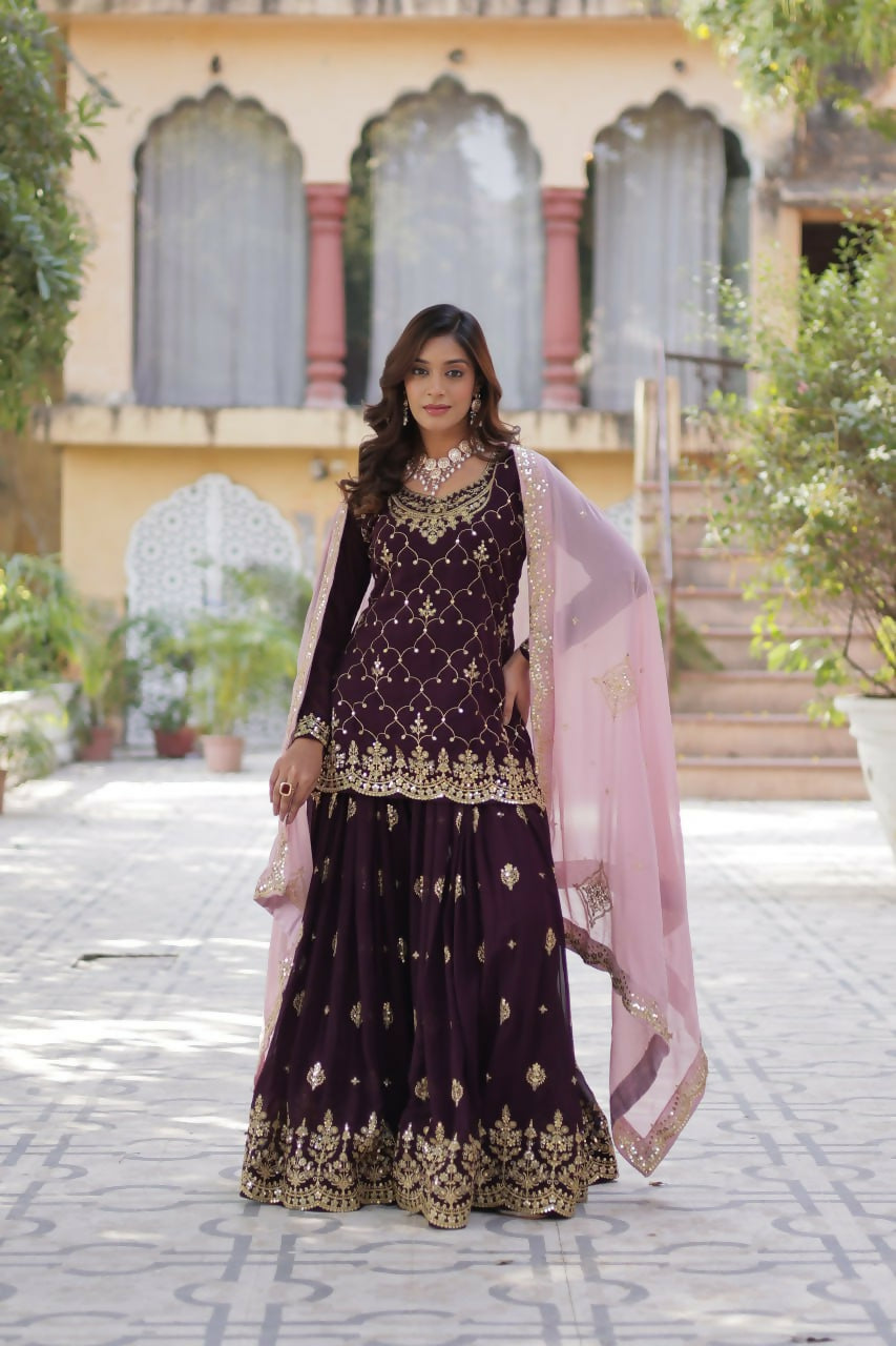 Vastranavya Faux Blooming with Sequins Embroidered Kurti, Palazzo & Dupatta - Maroon