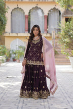 Vastranavya Faux Blooming with Sequins Embroidered Kurti, Palazzo & Dupatta - Maroon