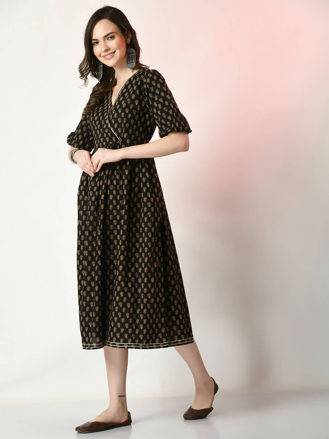 Myshka Women's Black Floral Printed Empire Dress - Distacart