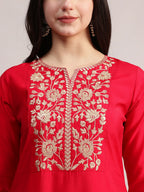 Aavyora Women's Red Embroidered Roman Silk Kurta, Palazzo & Organza Dupatta Set