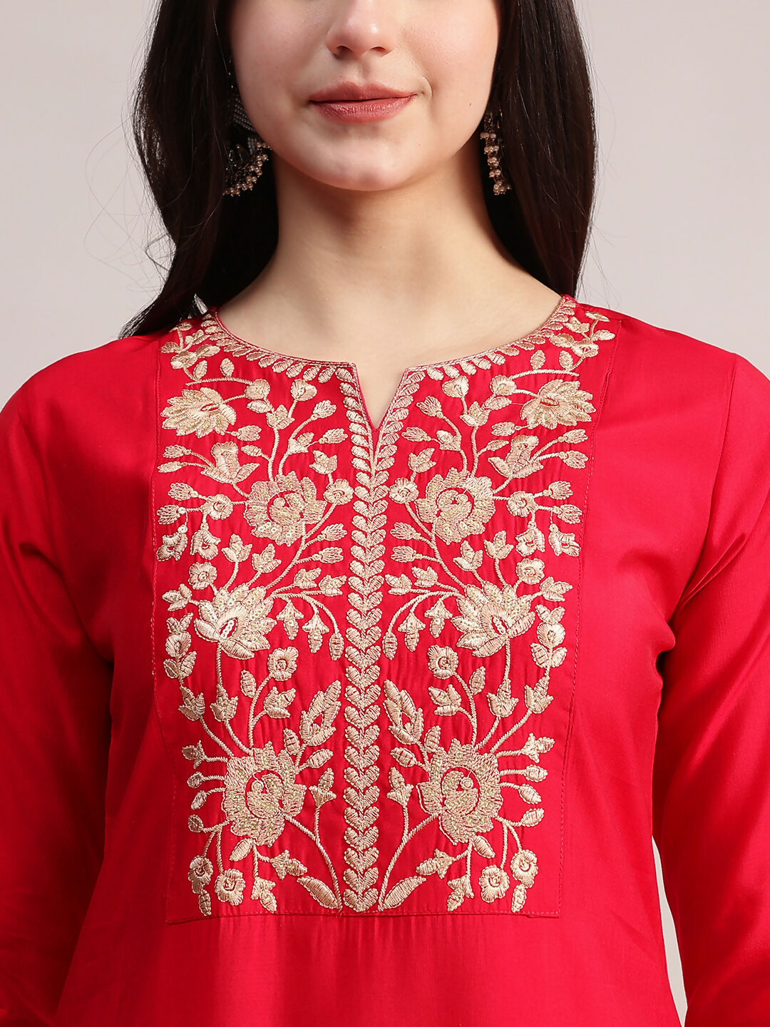 Aavyora Women's Red Embroidered Roman Silk Kurta, Palazzo & Organza Dupatta Set