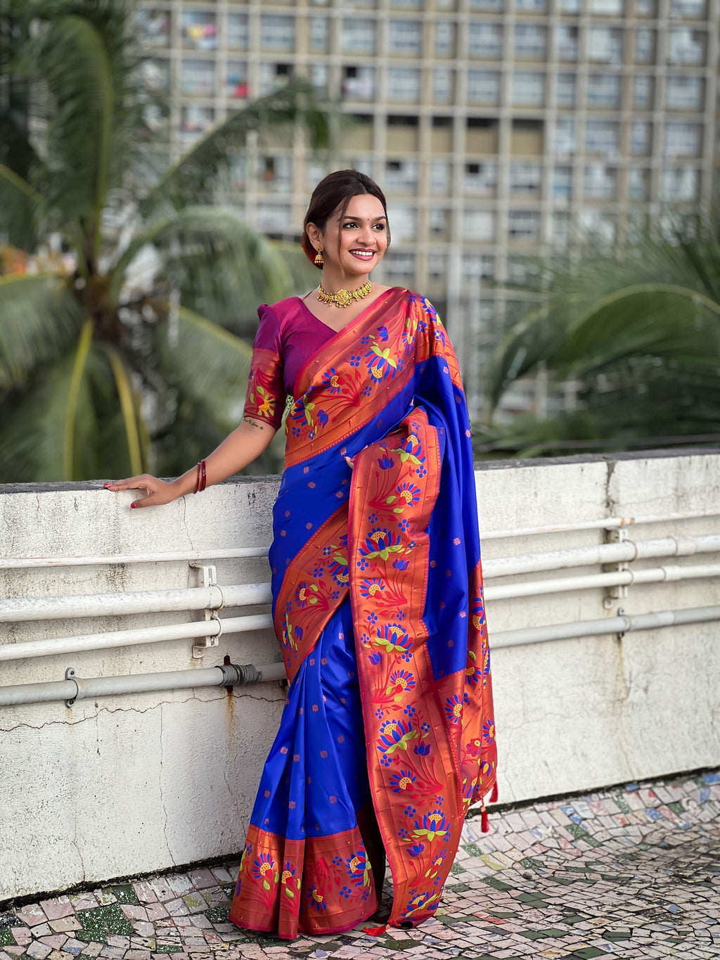 Vedant Vastram Soft Litchi Silk Paithani Jacquard Saree - Blue - Distacart