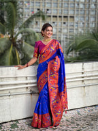 Vedant Vastram Soft Litchi Silk Paithani Jacquard Saree - Blue - Distacart