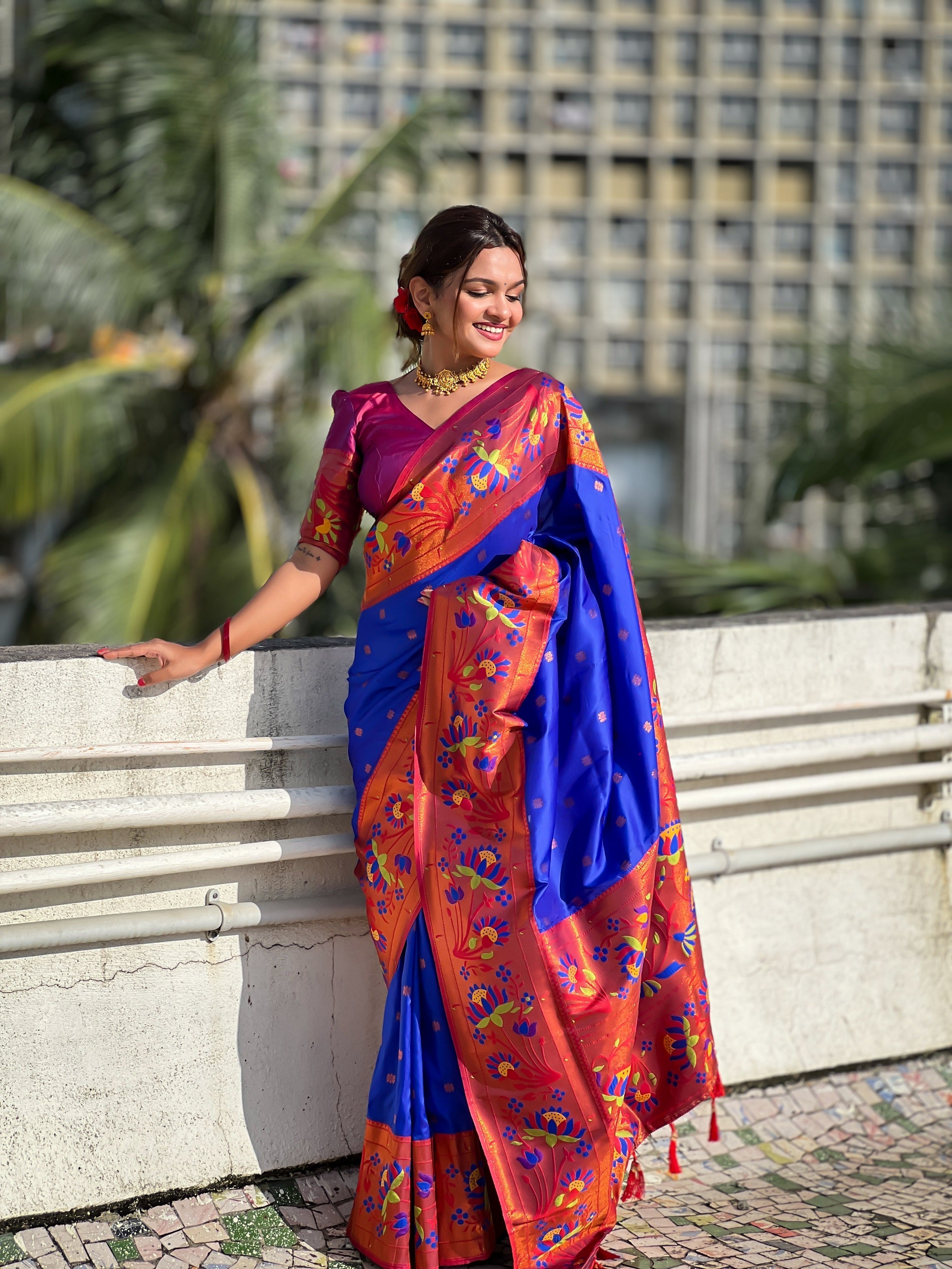 Vedant Vastram Soft Litchi Silk Paithani Jacquard Saree - Blue - Distacart
